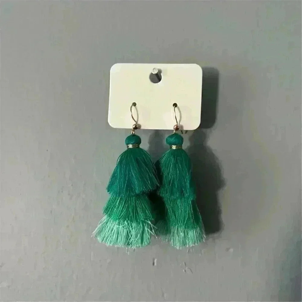 B1G1 Green Triple Layered Tassel Earrings Lightweight Hook Casual